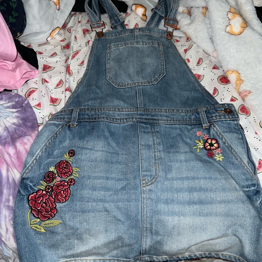 Forever 21 Blue and Red Embroidered Overalls